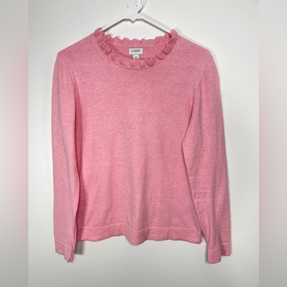 J‎ Crew Ruffle Crew Neck Cotton Pink Long Sleeve Sweater Size S Preppy - Picture 1 of 5